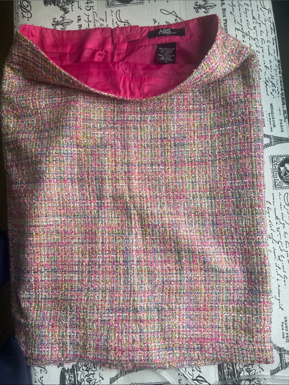Abs Platinum Multicolor Tweed Pencil Skirt with Hot Pink Lining